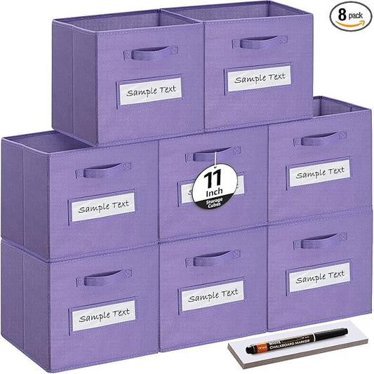 Fabric storage cubes (Set of 8) 11 Inch Cube Storage Bin, Cube storage with 8 Labels Window Cards & a Pen, Foldable cube organizer bins,11x11 Storage bin, Cubby Organizer Boxes, Purple