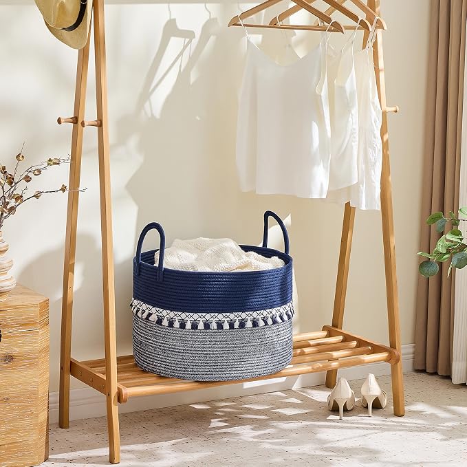 KAKAMAY Large Blanket Basket with Handles, Storage Basket for Living Room | Extra Large Capacity | Natural Cotton Rope | Blanket Storage | Woven Storage Basket | Stuffed Animal Storage | Laundry Basket
