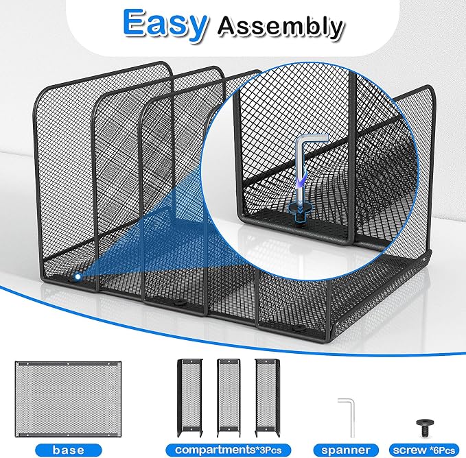 TOPCJ 5 Sections Desk File Holder/Rack/Sorter,Mesh File Organizer,File Folder Organizer,Metal Upright Desktop Organization for Documents,Magazine,Kitchenware,Antiskid,Antirust,Sturdy,2 Packs