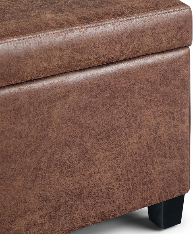 SIMPLIHOME Avalon Storage Ottoman Bench - 48" Wide x 16" High Upholstered Vegan Leather Rectangular Lift-Top Ottoman in Distressed Umber Brown, Contemporary Storage Bench with High-Density Foam