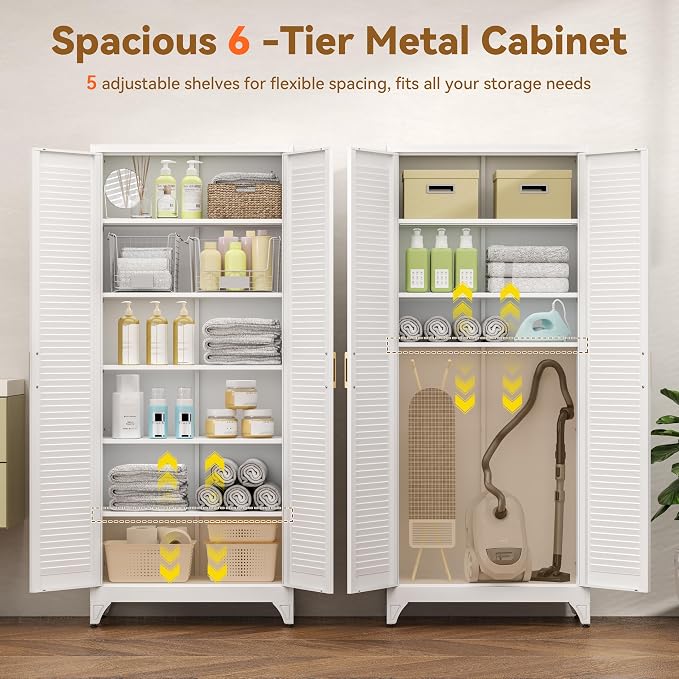 Polup 75" Pantry Cabinet, Tall Metal Storage Cabinet with Doors and Shelves | White Kitchen Cabinet, 5 Adjustable Shelving, Heavy-Duty Steel, Louvered Doors, Gold Handles, for Garage Office & Laundry