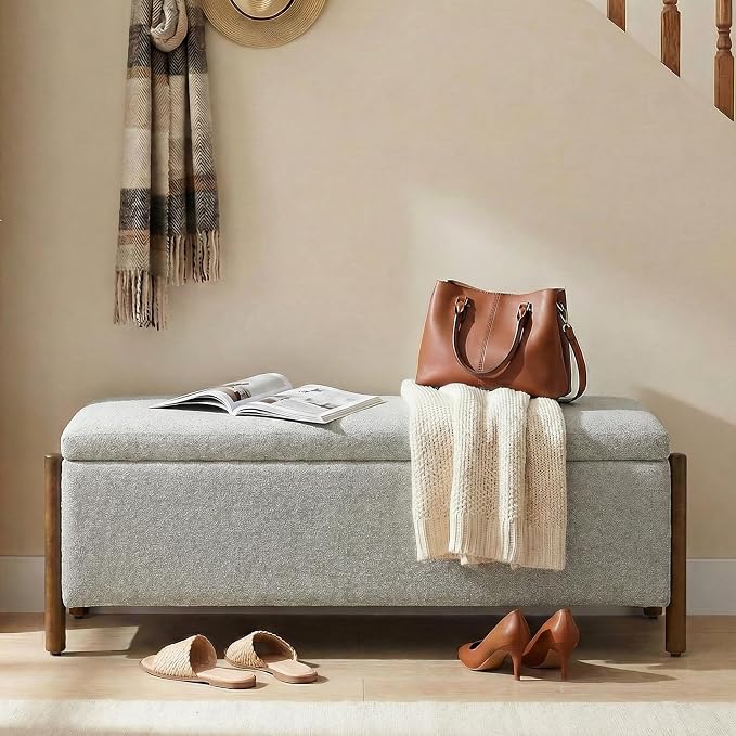 Usaint Wooden Storage Ottoman Bench, 47" Fabric Upholstered End of Storage Bench with Rubberwood Legs, Entryway Bench with Storage for Bedroom, Living Room, Reception, Cloakroom, Grey