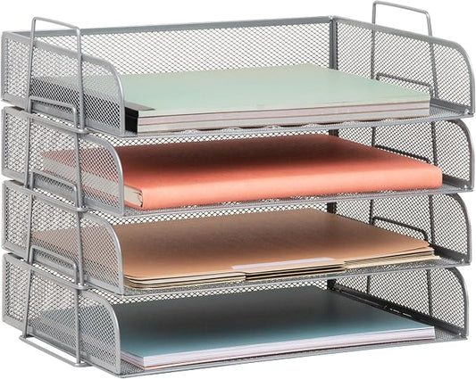 Mind Reader Stackable Paper Tray, Desktop Organizer, File Storage, Office, Metal Mesh, 4 Pcs., Silver