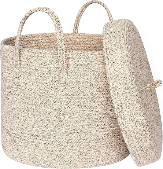 15”x13” Storage Basket with Lid, Blanket Storage for Living Room, Woven Cotton Rope Bin with Cover, Kids Dog Toy Box, Baby Laundry Basket with Lid, Covered Blankets Pillows Holder, Brown