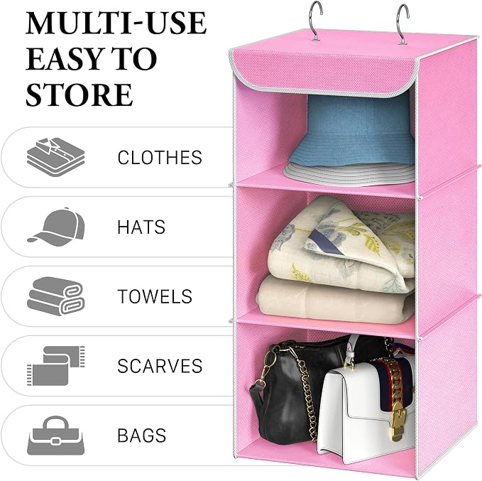 Simple Houseware 3 Shelf Hanging Closet Organizer, Pink | 360° Rotating Dual Hooks, Top Support Metal Frame