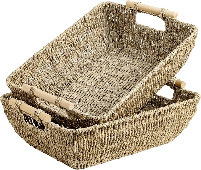 StorageWorks Hand-Woven Jumbo Storage Baskets with Wooden Handles, Seagrass Wicker Baskets for Organizing, 2-Pack