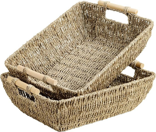 StorageWorks Hand-Woven Jumbo Storage Baskets with Wooden Handles, Seagrass Wicker Baskets for Organizing, 2-Pack