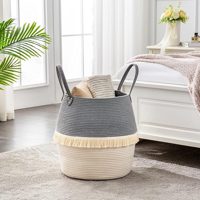 KAKAMAY Woven Baskets for Storage(17"x17"),Large Cotton Rope Woven Baby Laundry Hamper,Collapsible Laundry Basket, Blanket Basket for Organizing Living Room,Nursery,Pillows,Toy Chest(Grey)