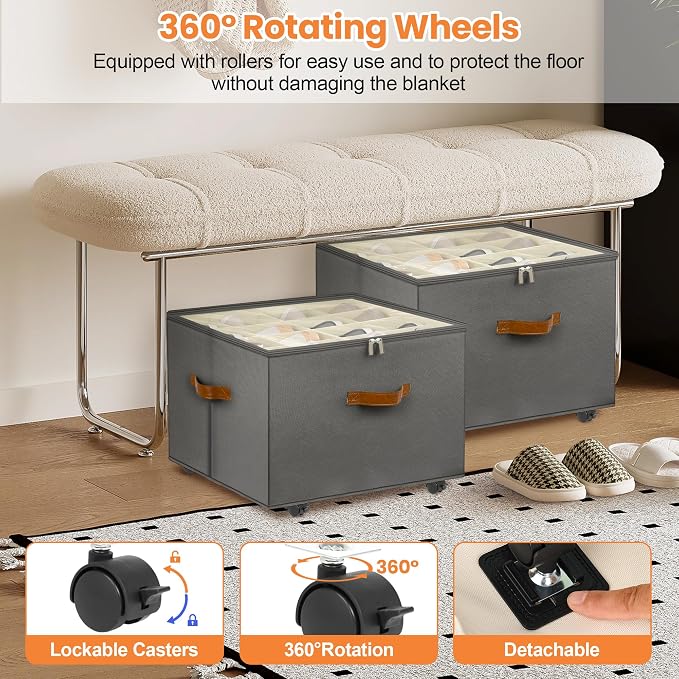 Foyego 2 Pack Shoe Organizer for Closet, Shoe Storage with Wheels, Gray | Fits 32 Pairs, with Adjustable Dividers and Clear Cover, Saving Space Foldable Fabric Closet Shoe Storage Organizer Box Bins