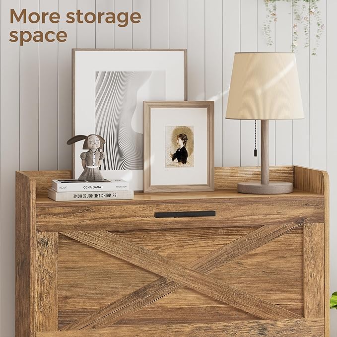Homleke Farmhouse Shoe Storage Cabinet with Flip Drawers & Barn Door Design | Slim Narrow Shoe Rack Cabinet with Adjustable Shelves & Hidden Storage for Entryway, Hallway, Living Room, Rustic Walnut