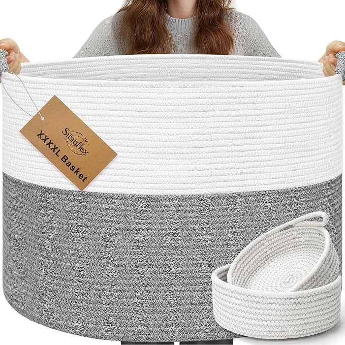 XXXXL 125L Extra Large Blanket Basket, 24.8" x 16" Jumbo Woven Basket (Includes 2 Cute Baskets), Cotton Rope Basket with Handle for Living Room, Baby Toys Nursery, Laundry (White/Light Grey)