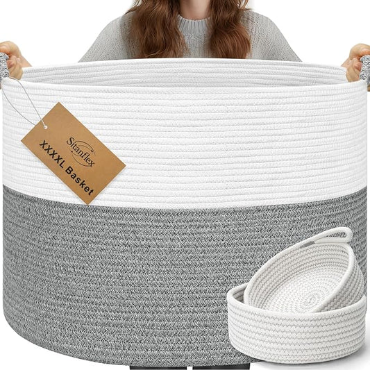 XXXXL 125L Extra Large Blanket Basket, 24.8" x 16" Jumbo Woven Basket (Includes 2 Cute Baskets), Cotton Rope Basket with Handle for Living Room, Baby Toys Nursery, Laundry (White/Light Grey)