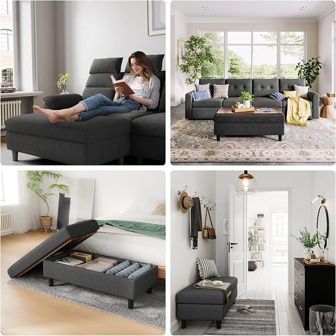 LINSY HOME 46 Inches Wide Storage Ottoman Bench, Linen Coffee Table Long Shoes Bench Footstool, Storage Chest, Foot Rest Stool, for The Living Room, Entryway and Family Room, Dark Gray