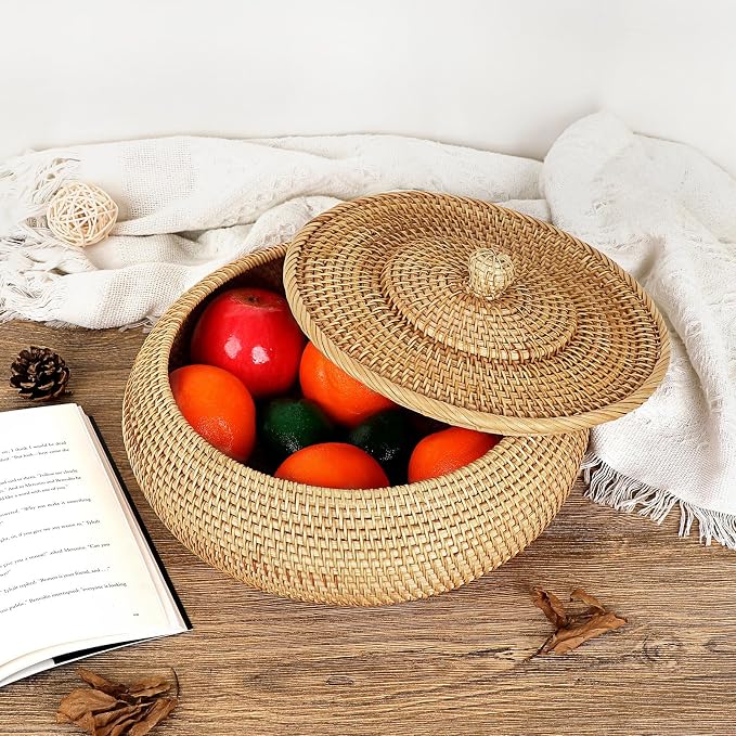 Hipiwe Round Rattan Boxes with Lid, X-Large Woven Bread Basket Natural Rattan Basket Wicker Storage Box Decorative Basket for Coffee Table Farmhouse Picnic Fruit Storage Basket