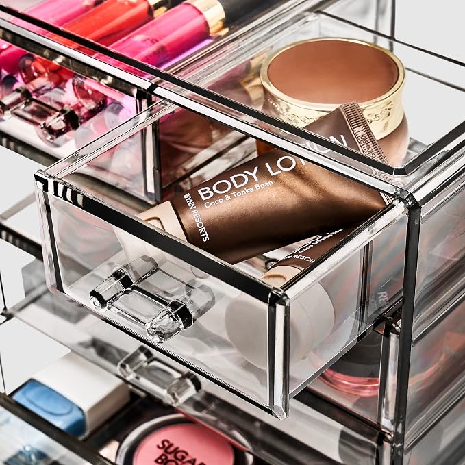 Sorbus Acrylic Makeup Organizer Set, 6-Drawer Vanity & Countertop Cosmetic Storage with Small & Wide Drawers, Black Jewel Makeup Storage for Brushes, Lipsticks, Jewelry, Holiday Gift for Women & Teens
