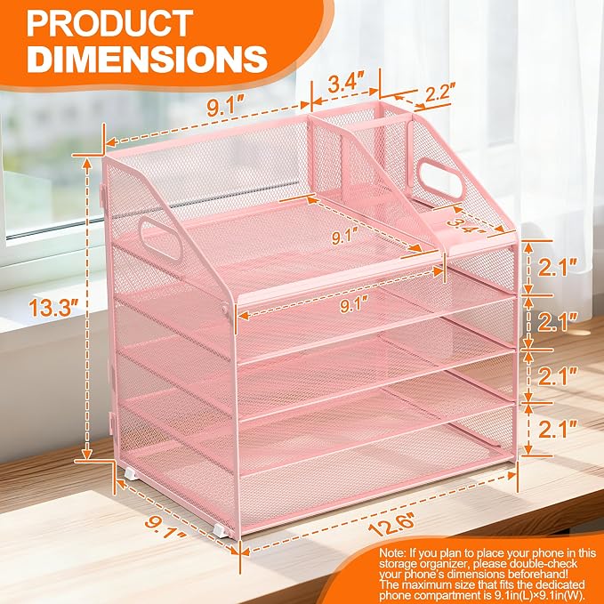 DocNest 5 Tier Metal Mesh Desk File Organizer with Phone Shelf, Pink | Desktop letter tray sorter features a 9.1x9.1 inch top phone holder, built-in sticky note compartment and pen holder