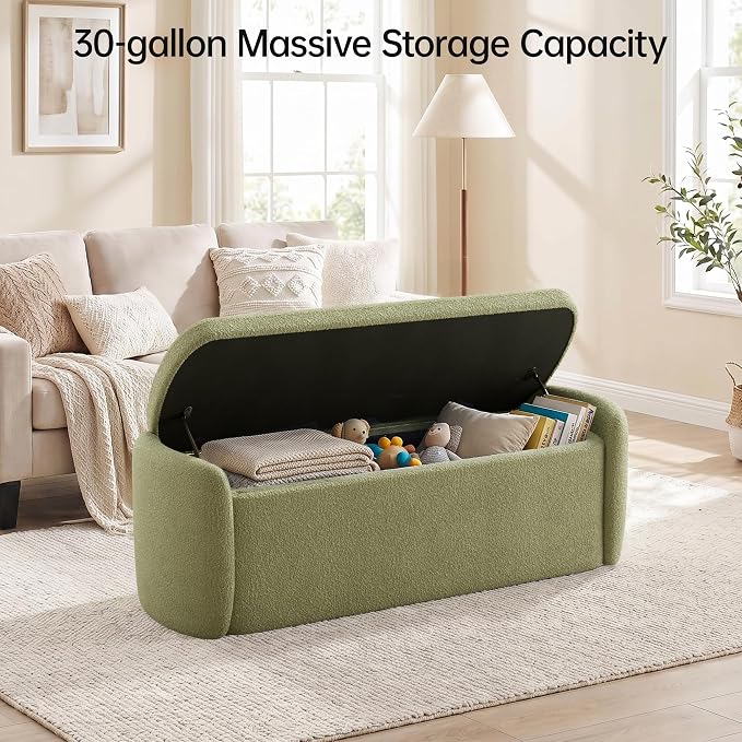 VKNOW Storage Bench, Upholstered Storage Ottoman Bench, Light Green | Ottoman Bench with Large Capacity, Curved Frame, King Size Bench, Storage Bench for Bedroom, Living Room, Entryway, Window