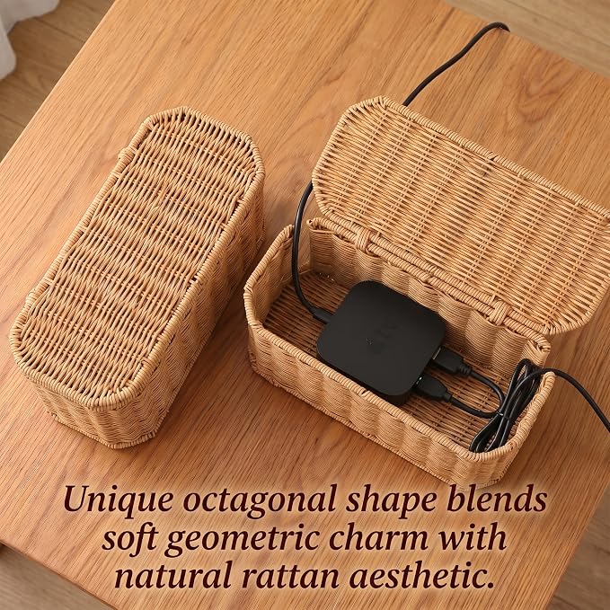 Large Cable Management Box with Lid, Wicker Basket Hides Power Strips, TV Boxes & Routers