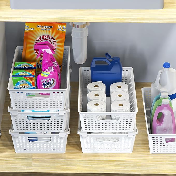 Simple Houseware Stackable Plastic Woven Basket Organizer, 6 Pack, White | 14.5" D x 8.5" W x 3.5" H