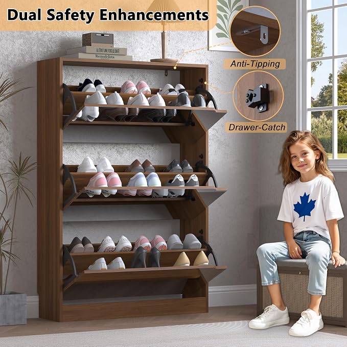 BORNOON Shoe Cabinet with 3-Flip Mirror Drawers, Freestanding Shoe Rack Organizer with Hidden Handle, Slim Narrow Shoe Storage Cabinet for Entryway, Entrance, Hallway, Bedroom