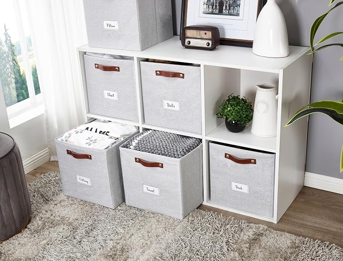 DECOMOMO Storage Bins, Cube Storage Bin with Labels | 13" x 13" x 13" Fabric Storage Cubes for Shelves (6pcs, Light Texture Grey)