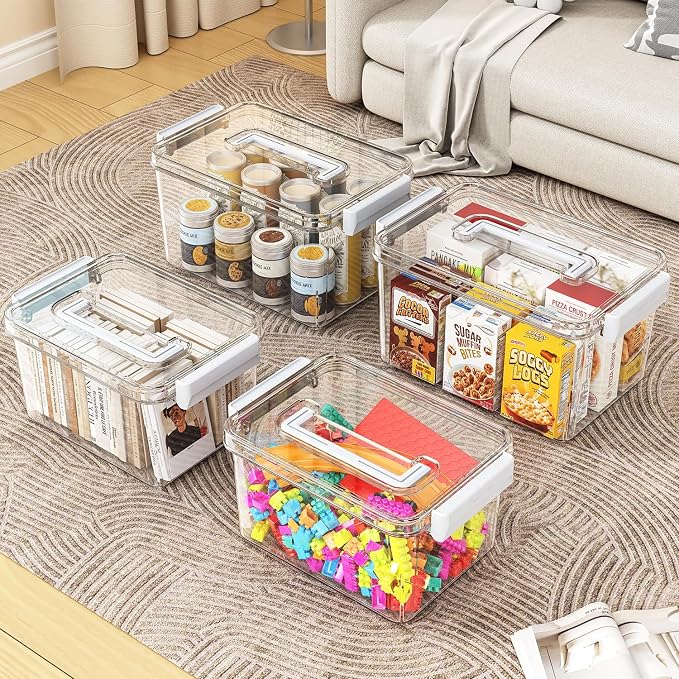 Plastic Storage Bins with Lids Stackable organization and Storage Containers for Organizing Snacks, Crafts, Tools Clear Storage Box with Latching handle(Clear, 2PCS-4.5QT 2PCS-8.5QT)