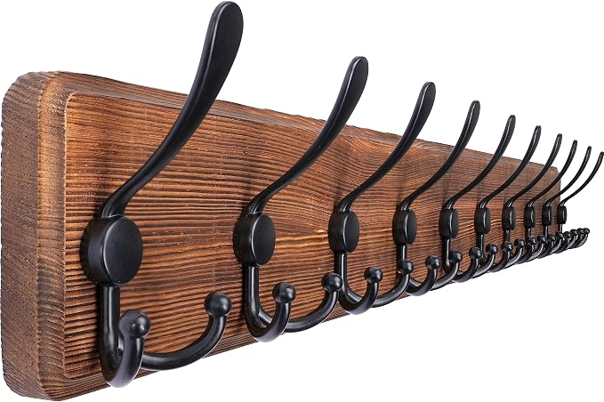 SKOLOO Rustic Coat Rack Wall Mount, 10 Hooks, 38.6'' Long, Solid Wood,Brown | Rustic finish, 100 lb capacity, entryway bedroom mudroom, wall mount, 16" stud spacing, hardware included, rustproof hooks