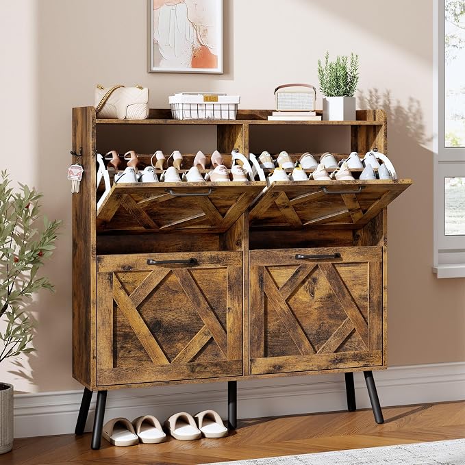 Nicetree Shoe Cabinet Storage for Entryway, Freestanding Shoe Storage Cabinet, Farmhouse Narrow Shoe Rack Cabinet for Entryway, Foyer, Hallway, Shoe Cabinet 4 Flip Drawers