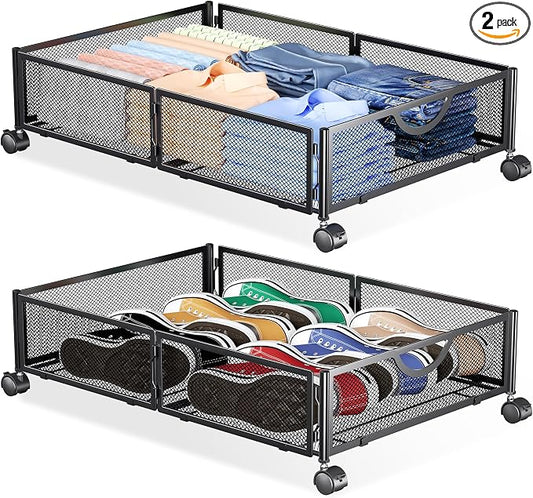 Yecaye Under Bed Storage with Wheels, 2 Pack Under Bed Shoe Storage Organizer Drawer, Tool-free Assembly Metal Underbed Storage Containers for Clothes, Shoes, Toys, Black