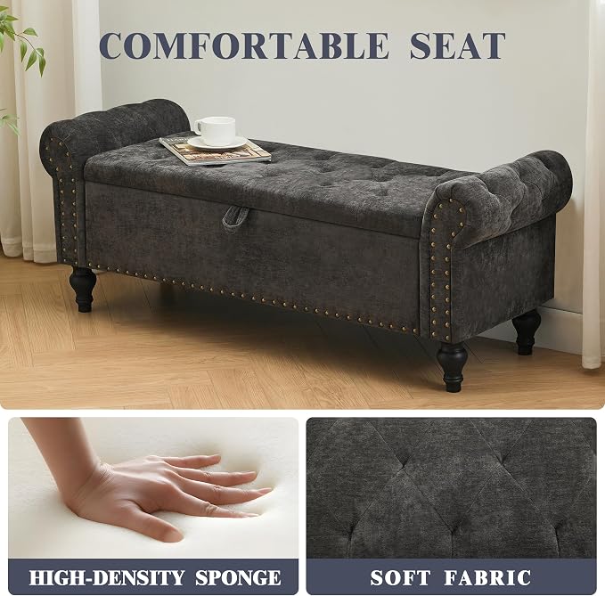 51" Storage Bench for Bedroom, Upholstered Ottoman Bench, Chenille DarkGray | End of Bed Bench for Bedroom, Window Benches for Living Room, Entryway, Ottoman with Large Storage Space, Pet Friendly