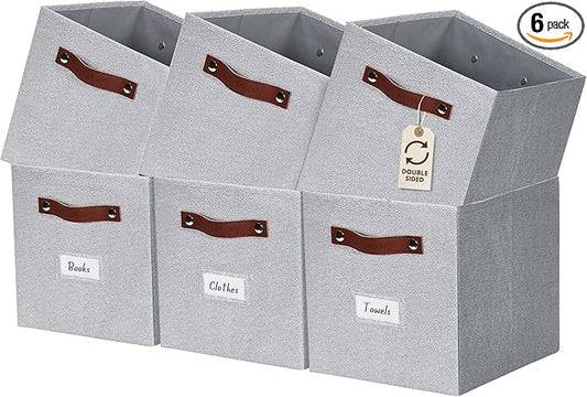 DECOMOMO Storage Bins, Cube Storage Bin with Labels | 10.5" x 11" Fabric Storage Cubes for Shelves (6pcs, Light Texture Grey)