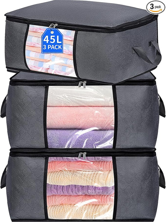 3 Pack Storage Bags, 45L Foldable Clothes Storage Bins with Lids, Closet Organizers Blanket Storage Bags with Zippers Clear Window Sturdy Handles for Clothing Bedding Comforter Sweater Pillows (Gray)