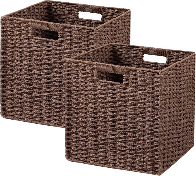 UBBCARE 2 Pack Wicker Basket, 11L×11H×10.5W inch Woven Paper Rope Storage Baskets for Shelves, Foldable Cube Storage bin with Handle, Storage Basket for Organizing & Decor, Brown