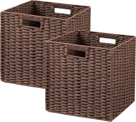 UBBCARE 2 Pack Wicker Basket, 11L×11H×10.5W inch Woven Paper Rope Storage Baskets for Shelves, Foldable Cube Storage bin with Handle, Storage Basket for Organizing & Decor, Brown