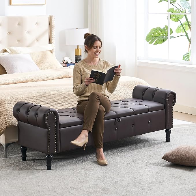 Storage Bench 67" Faux Leather End of Bed Benches Dark Brown | King Size Storage Bench for Bedroom with Rolled Arms Tufted Ottoman Benches Upholstered Bench for Living Room Entryway