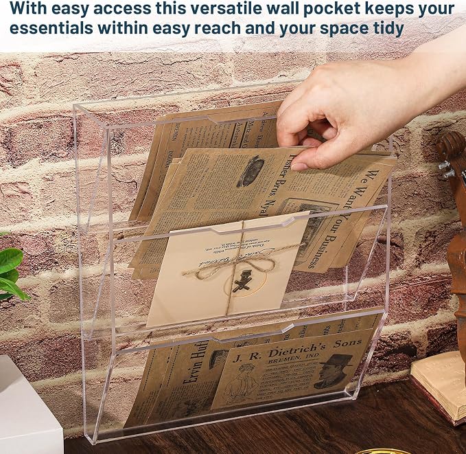 Chunful 3 Tier Mail Sorter Wall Letter Holder Clear Acrylic Wall Mounted Mail Organizer Hanging File Envelope Pocket Plastic Mount Document Holder for Home Office Entryway