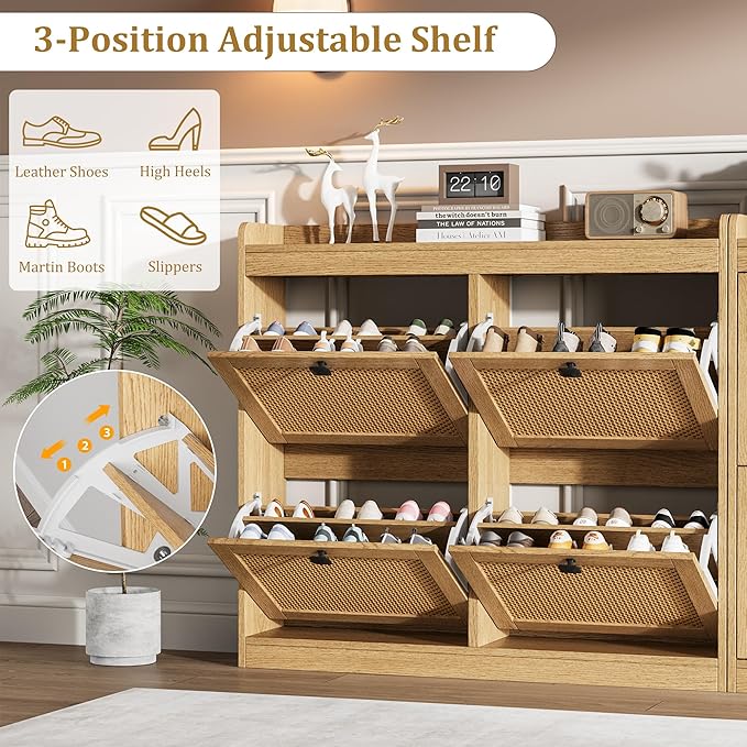 Garvee Shoe Storage Cabinet with 4 Flip Drawers, Wood Shoe Cabinet with Rattan Doors and Adjustable Shelves- Freestanding Shoe Organizer for Entryway, Hallway
