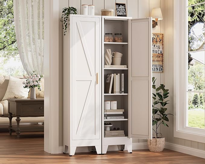 67“H Narrow Pantry Cabinet,Tall Skinny Pantry Storage Cabinet with Adjustable Shelves,Metal Narrow Kitchen Storage Cabinet,Slim and Thin Pantry Cabinets for Living Room Dining Room, White