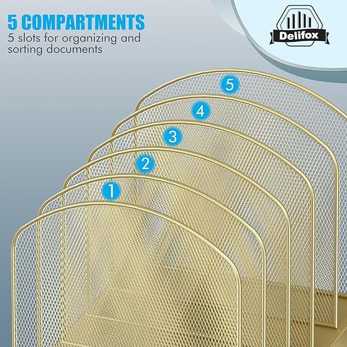Delifox Inclined Desk File Organizer,Vertical File Folder Holder Stand Metal Rack File Sorter for Office Classroom Desktop Organization (2, Gold, 5)