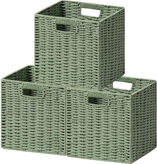 UBBCARE 3 Pack Wicker Basket, 11L×11H×10.5W inch Woven Paper Rope Storage Baskets for Shelves, Foldable Cube Storage bin with Handle, Storage Basket for Organizing & Decor, Green