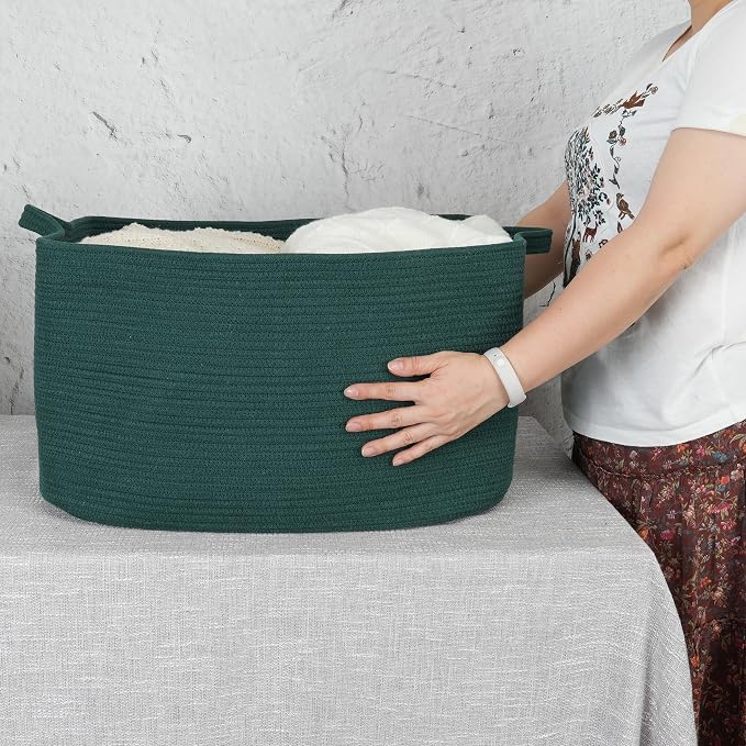 XUANGUO Large Woven Cotton Rope Blanket Basket 22"x17"x12" Dark Green | Storage basket for nursery and living room; toy basket for kids, dog toy storage, or laundry basket for clothes and towels.