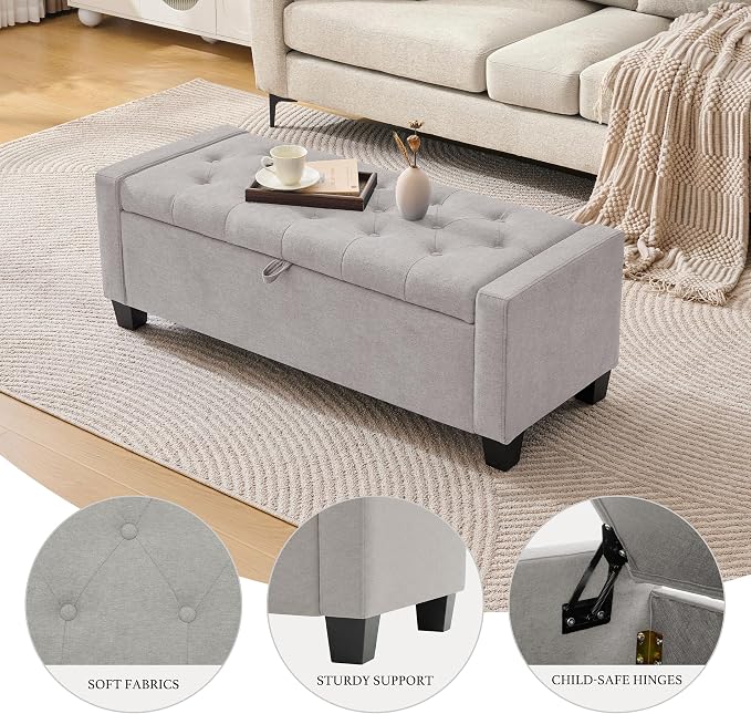 Huatean Home 43" Ottoman with Storage, Light Gray Storage Ottoman Bench | Upholstered Entryway Bench with Seating for Bedroom, Living Room with Safety Hinge, Holds up to 330 lb