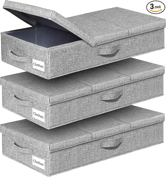 punemi 6 in Tall Under Bed Storage Containers with Firm Sides, 3Pack, Grey | Firm Sides, Top &Bottom, Stackable Design, for Blankets, Clothes & Toys, Underbed & Closet Organization
