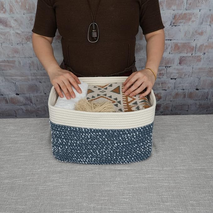 XUANGUO Woven Cotton Rope Storage Baskets 15x10x9.3" 3 Pack White and Blue | Decorative rectangular storage baskets for shelves and closets; storage bins organize clothes, toys, books and nursery items.