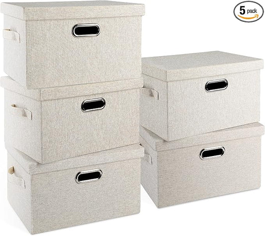 Storage Bins with Lids Fabric Closet Organizers Cubes Office Organization | 21 Quart 5 Pack Beige Collapsible Stackable Linen Fabric 4 Handles Bedroom Closet Cabinet Under Bed Clothes Toy Office File