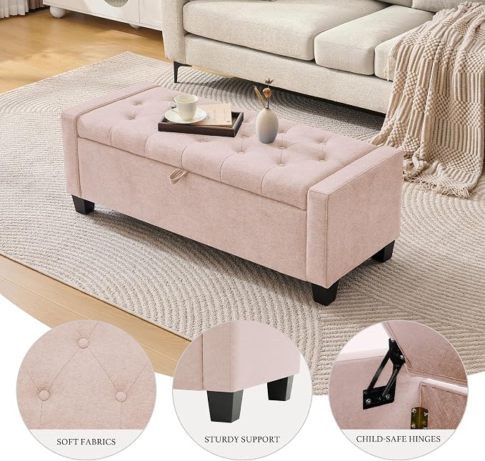 Huatean Home 43" Ottoman with Storage, Pink Storage Ottoman Bench | Upholstered Entryway Bench with Seating for Bedroom, Living Room with Safety Hinge, Holds up to 330 lb