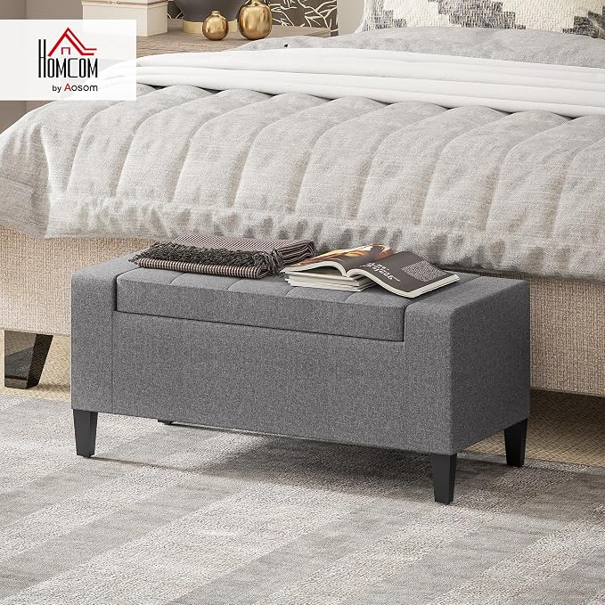 HOMCOM 36" Ottoman with Storage, Lift Top Rubberwood Legs 330 lb Gray | Storage Ottoman Bench, Linen Upholstered Entryway Seat, Living Room, Bedroom