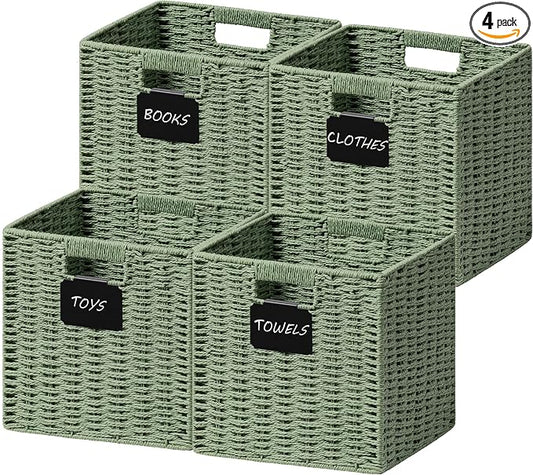 UBBCARE 4 Pack Wicker Basket, 12×12 Storage Cubes with Label, Foldable Cube Storage Bin with Handle, Square Storage Basket for Shelves, Woven Paper Rope Basket for Organizing, Dark Green