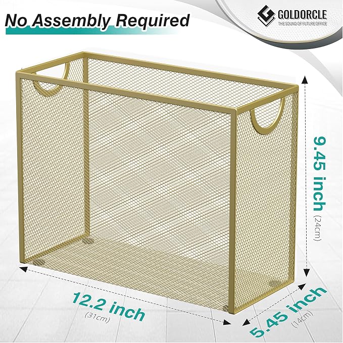 Letter-Size Hanging File Organizer with 5 Grey Holders(Gold) | File Holder Filing Box for Desk, Metal Mesh Desk File Folder Storage for Office(No Assembly Required)