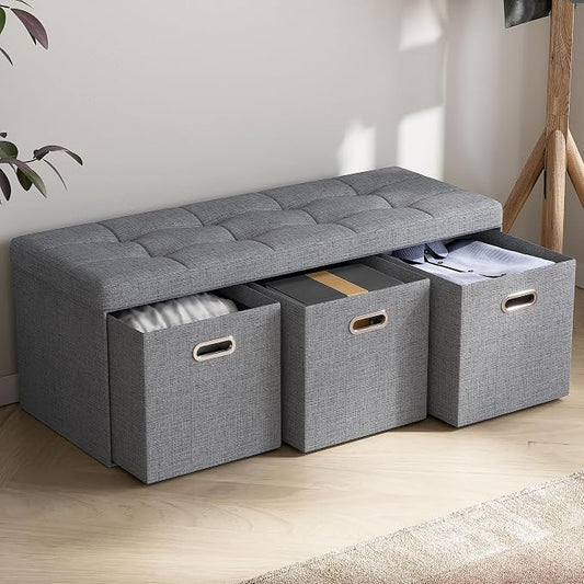 Ornavo Home 40 Inch Storage Ottoman with 3 Drawers, Tufted Linen, Gray | Foldable Large Bench Design; Foot Rest Stool Seat; Ideal for Living Room, Bedroom or Entryway